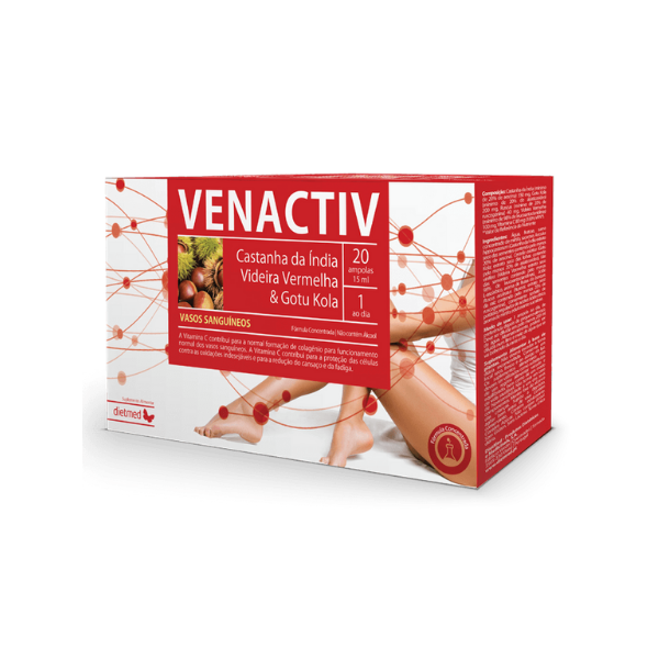 Venactiv Ampolas com Castanha da Índia, Centelha Asiática e Videira Vermelha é um produto natural para pernas cansadas e pesadas